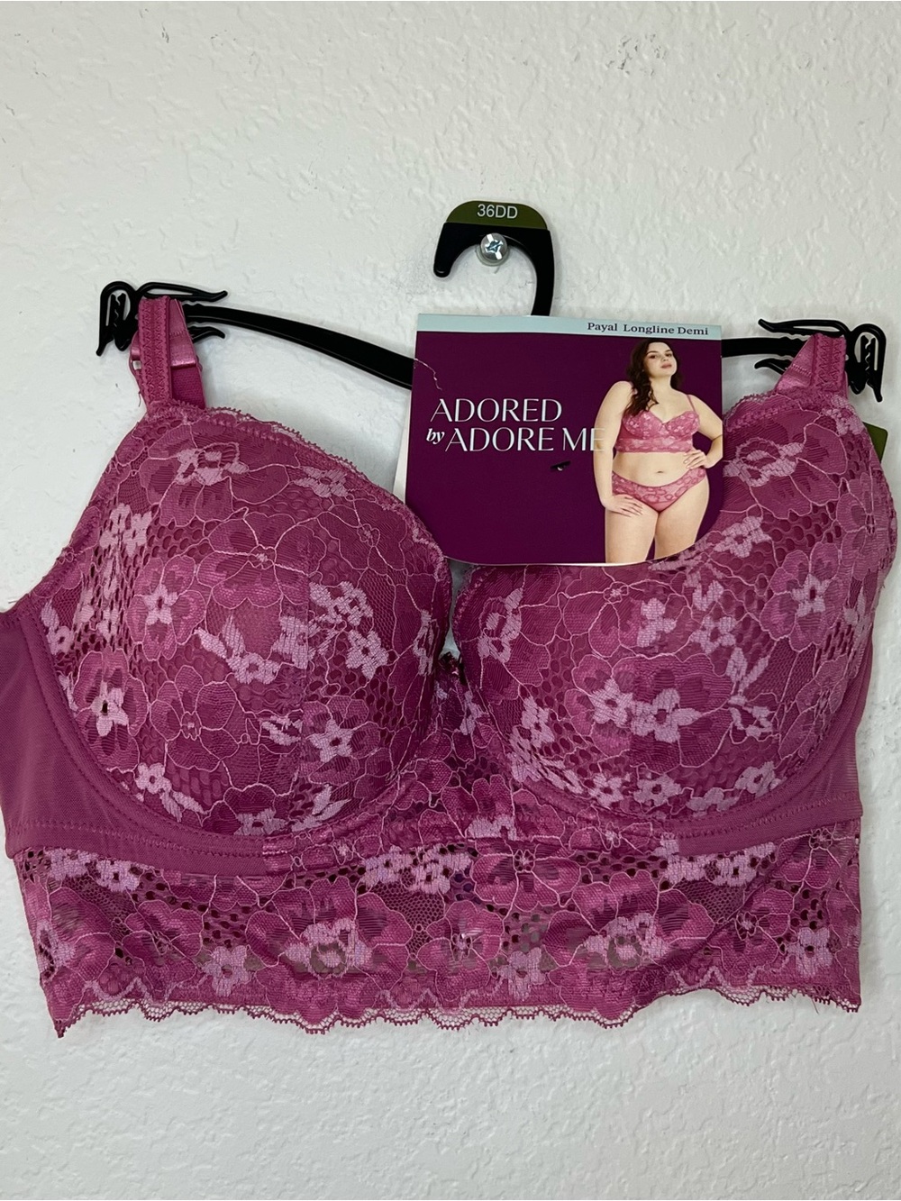 Adored By Adore Me Longline Bra Women’s Size 36DD Pink Floral Lace Lightly Lined